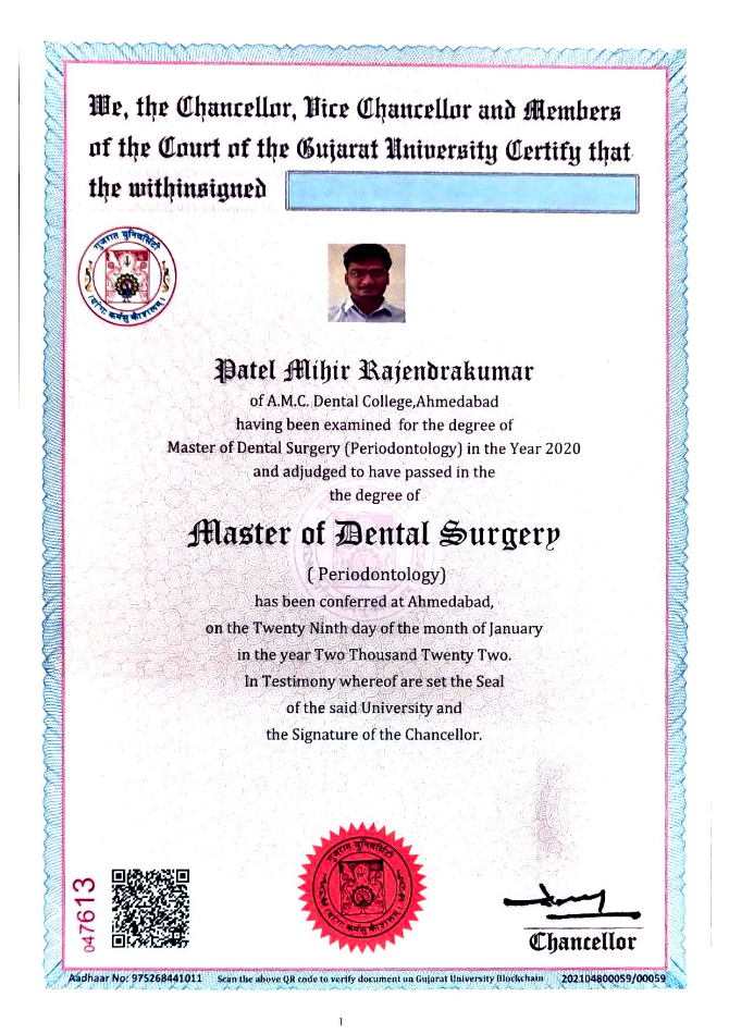 Gujarat University Master of Dental Surgery Degree — Dr. Mihir R. Patel, Periodontology