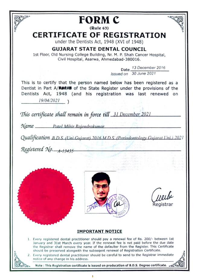Gujarat State Dental Council Certificate of Registration — Dr. Mihir R. Patel
